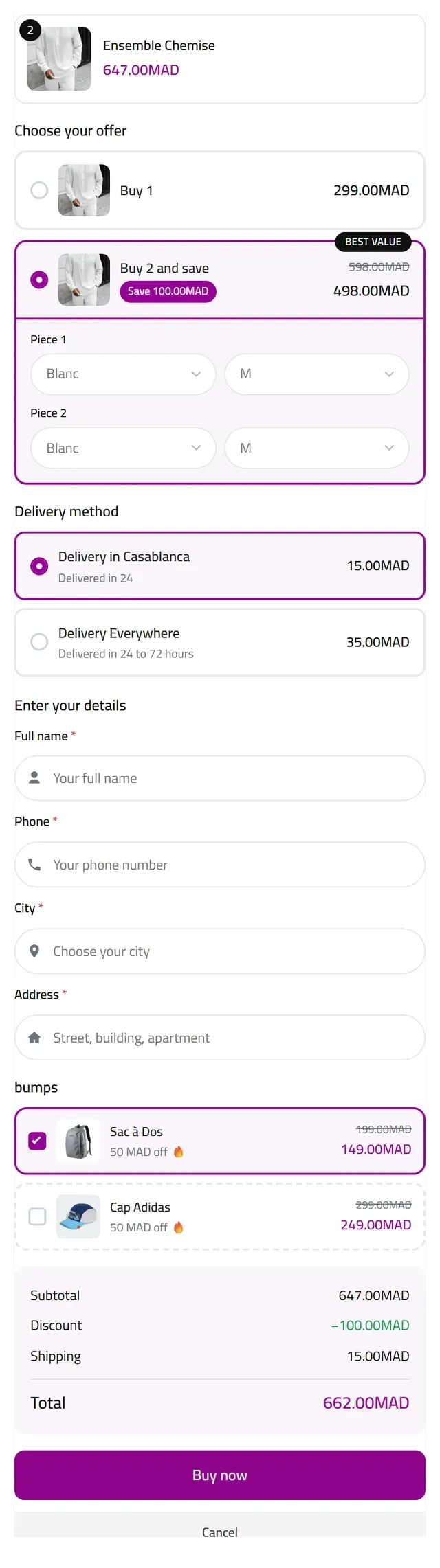 The cash-on-delivery form: buy one, or buy two and save, then the name and phone fields